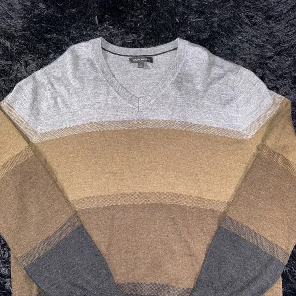 Banana Republic Sweater Mens XL Gray Brown Striped Merino Wool Blend Pullover - Picture 2 of 7